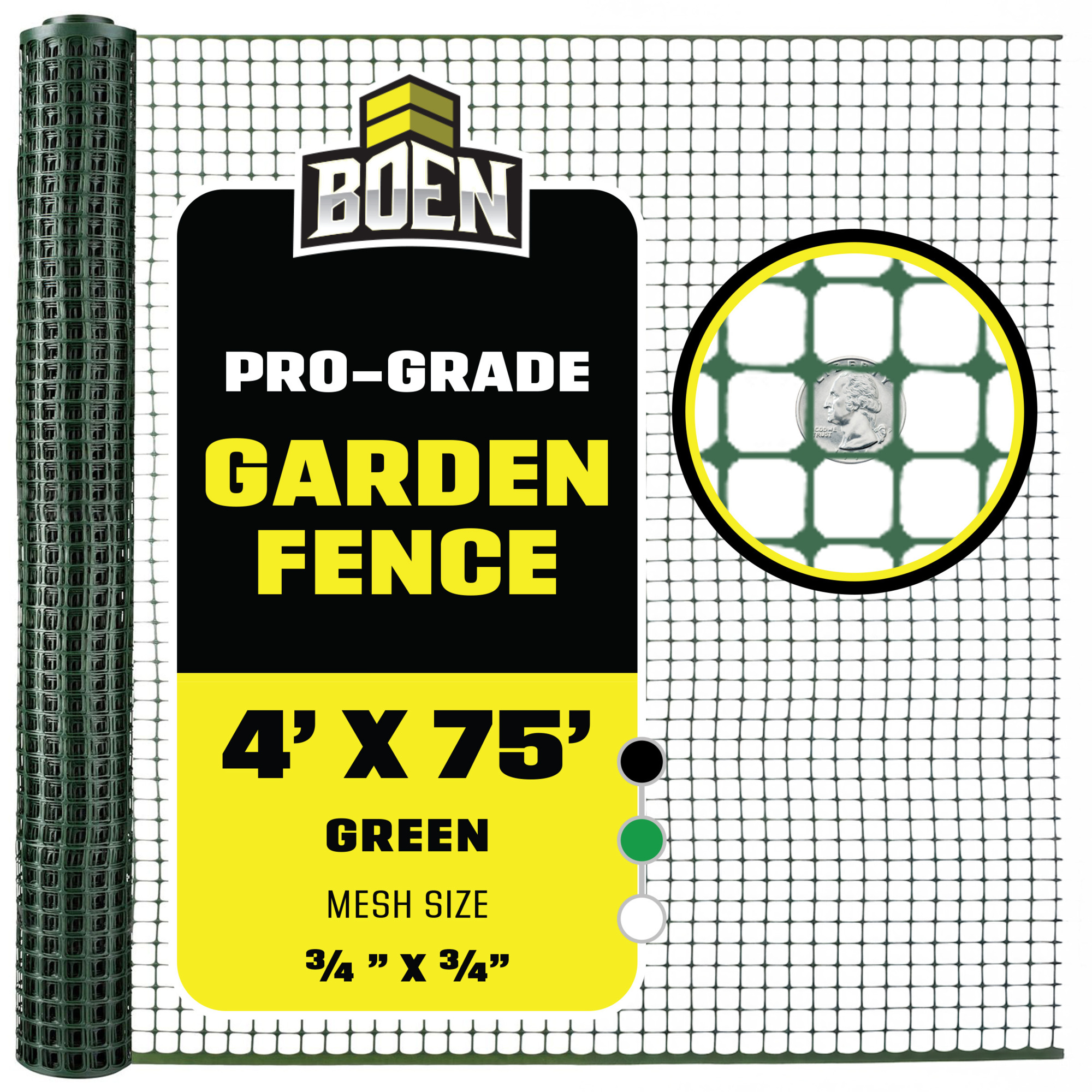 Boen Green Garden Fence 4 ft x 75 ft, Temporary Barrier Outdoor Fence for Dog, Rabbit or Deer, Garden Netting Plastic Mesh Plant Protection
